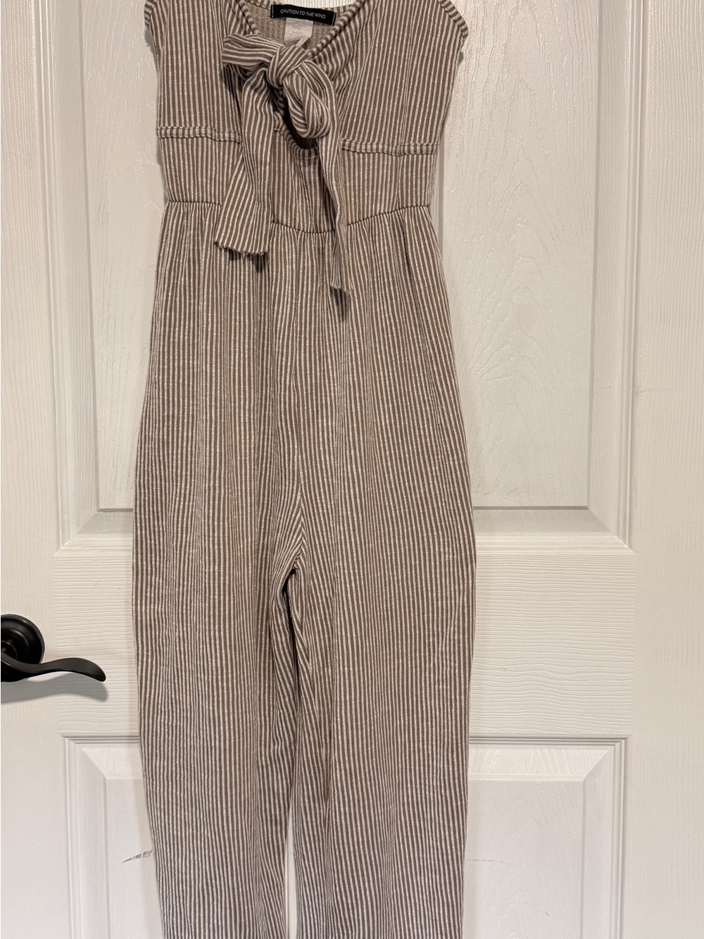Caution To The Wind Taupe & Cream Striped Tie-Front Jumpsuit